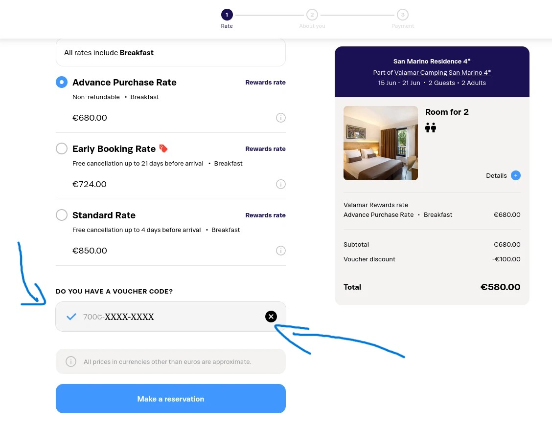 Polje za unos Valamar vaučer koda tijekom rezervacije